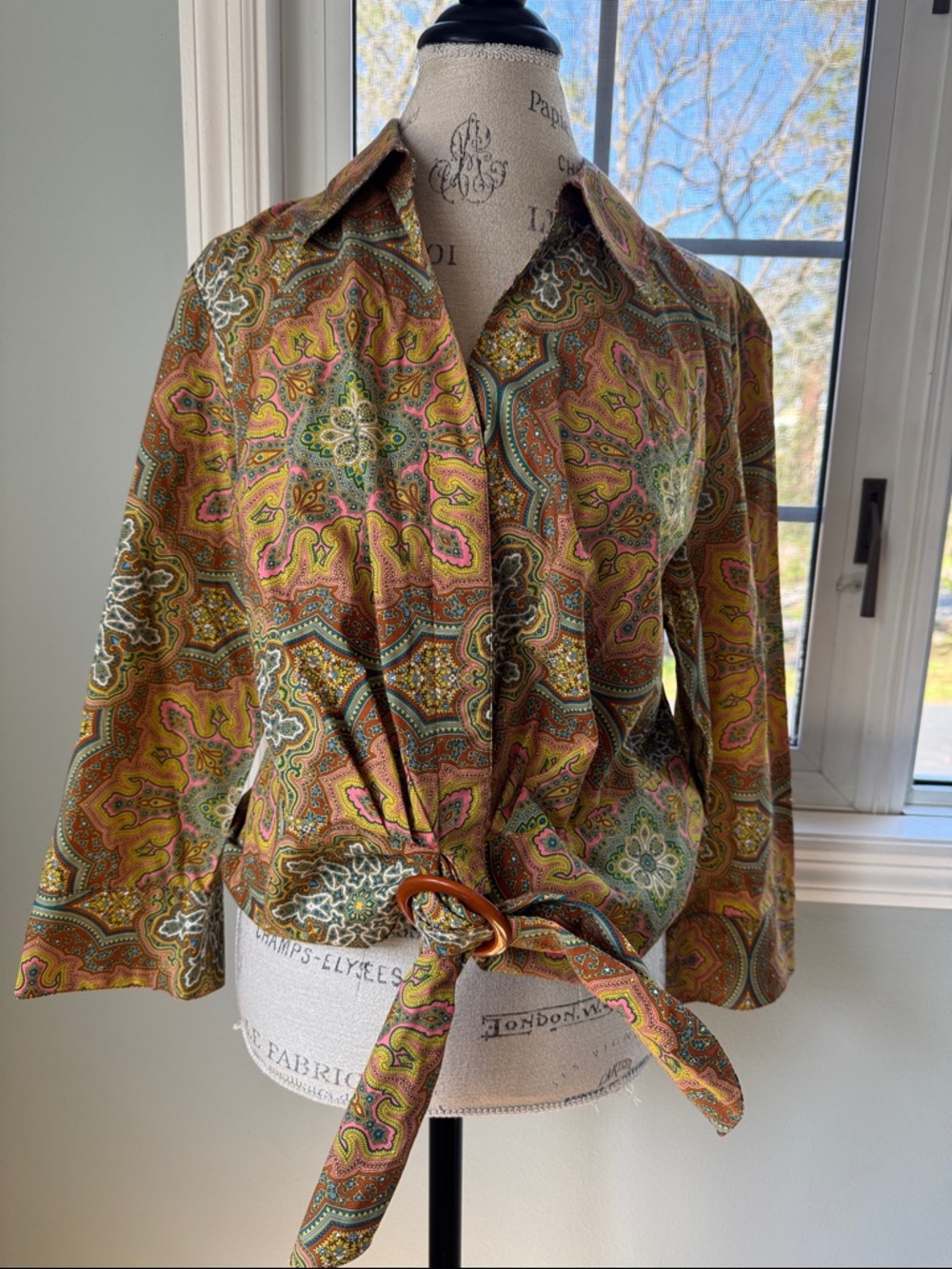 LaFayette 148 cotton brown pink paisley front‎ tie button down NWOT size 16 - Picture 3 of 11